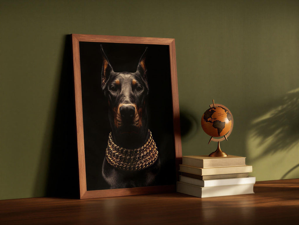 Doberman Gold Chain Wall Art, Luxury Dog Portrait Print, Glam Animal Poster, Modern Office Statement Decor, Doberman Lover Gift