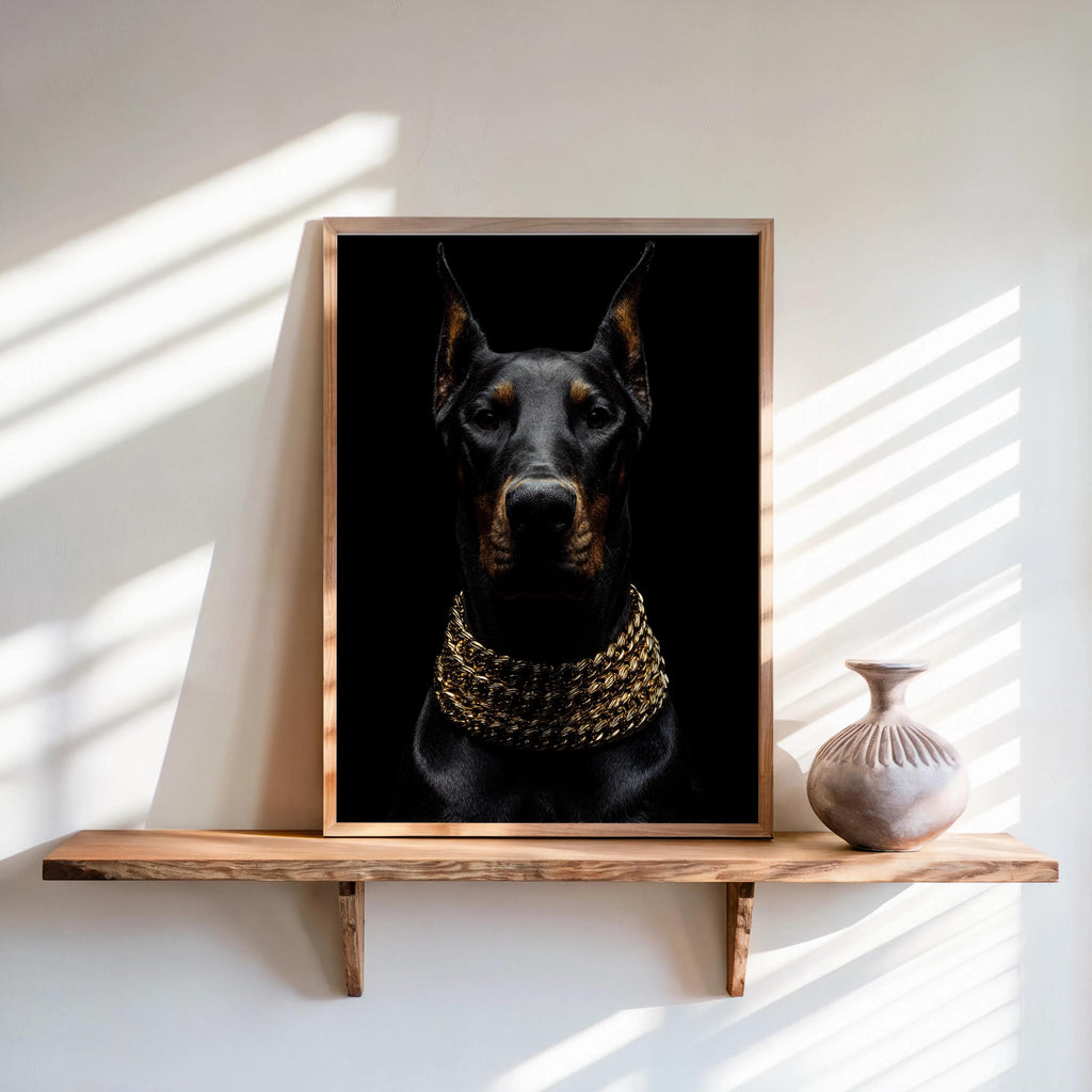 Doberman Gold Chain Wall Art, Luxury Dog Portrait Print, Glam Animal Poster, Modern Office Statement Decor, Doberman Lover Gift