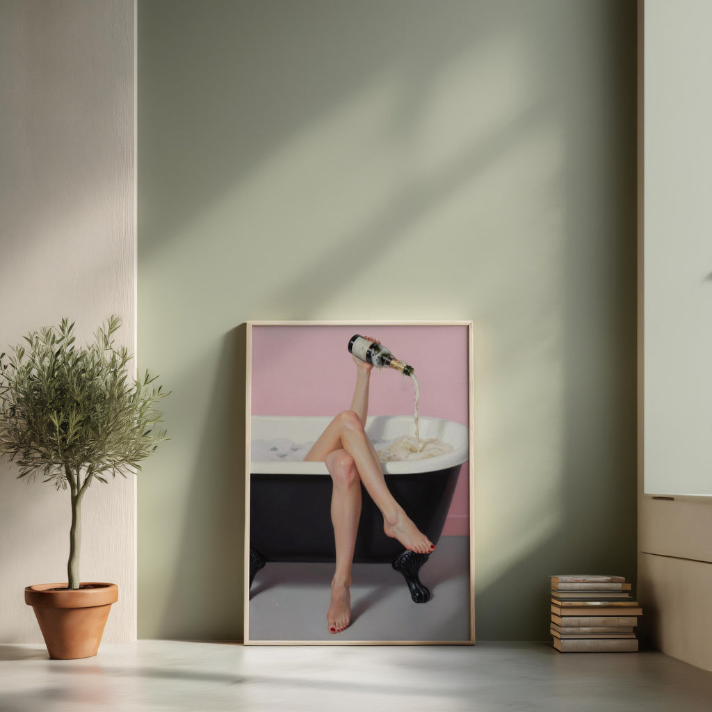 Champagne Bath Art Print: Feminine Pastel Pink Self Care Decor, Funny Bathroom Poster