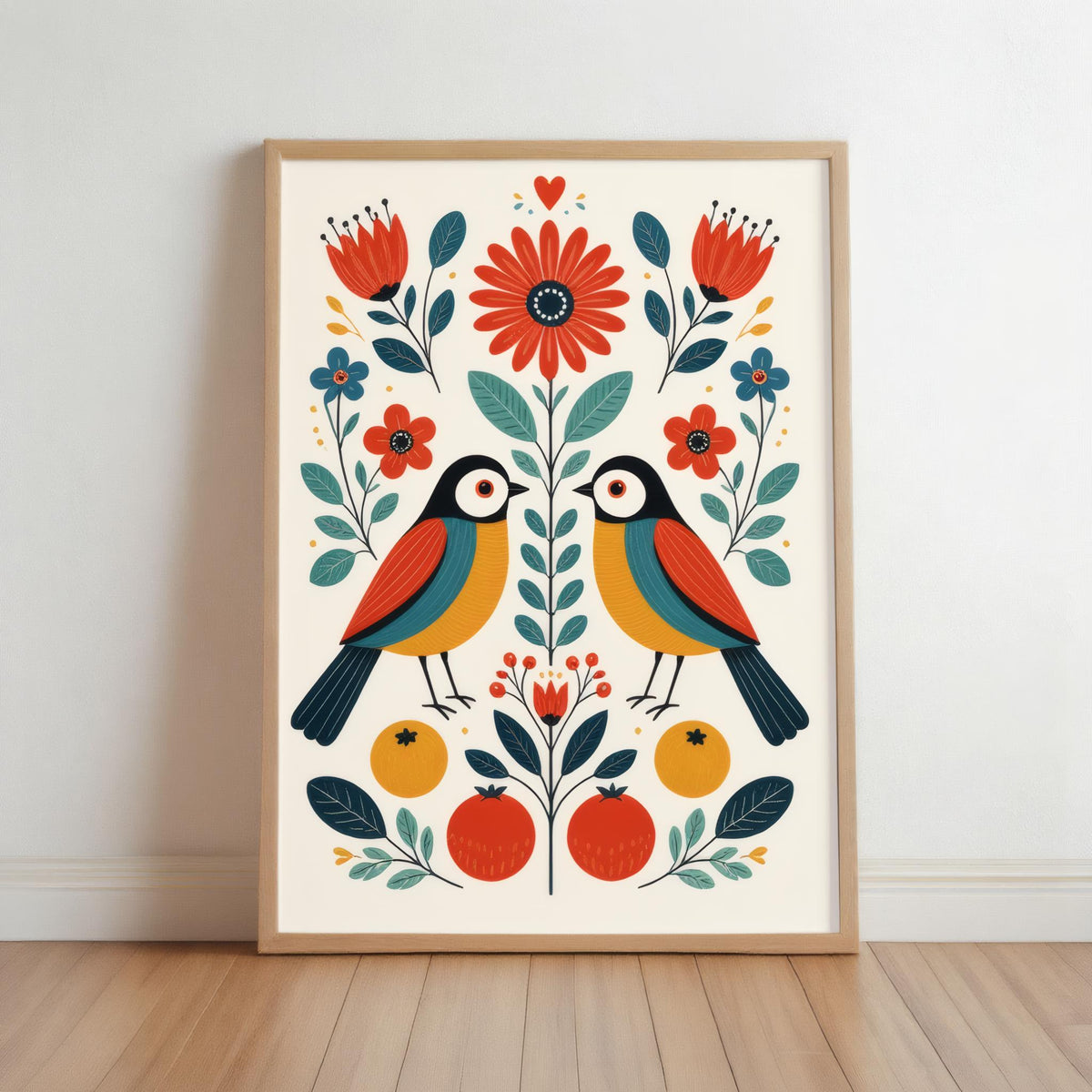 Framed Nordic bird wall art leaning on floor, cream background with rust red, teal and mustard folk motifs.