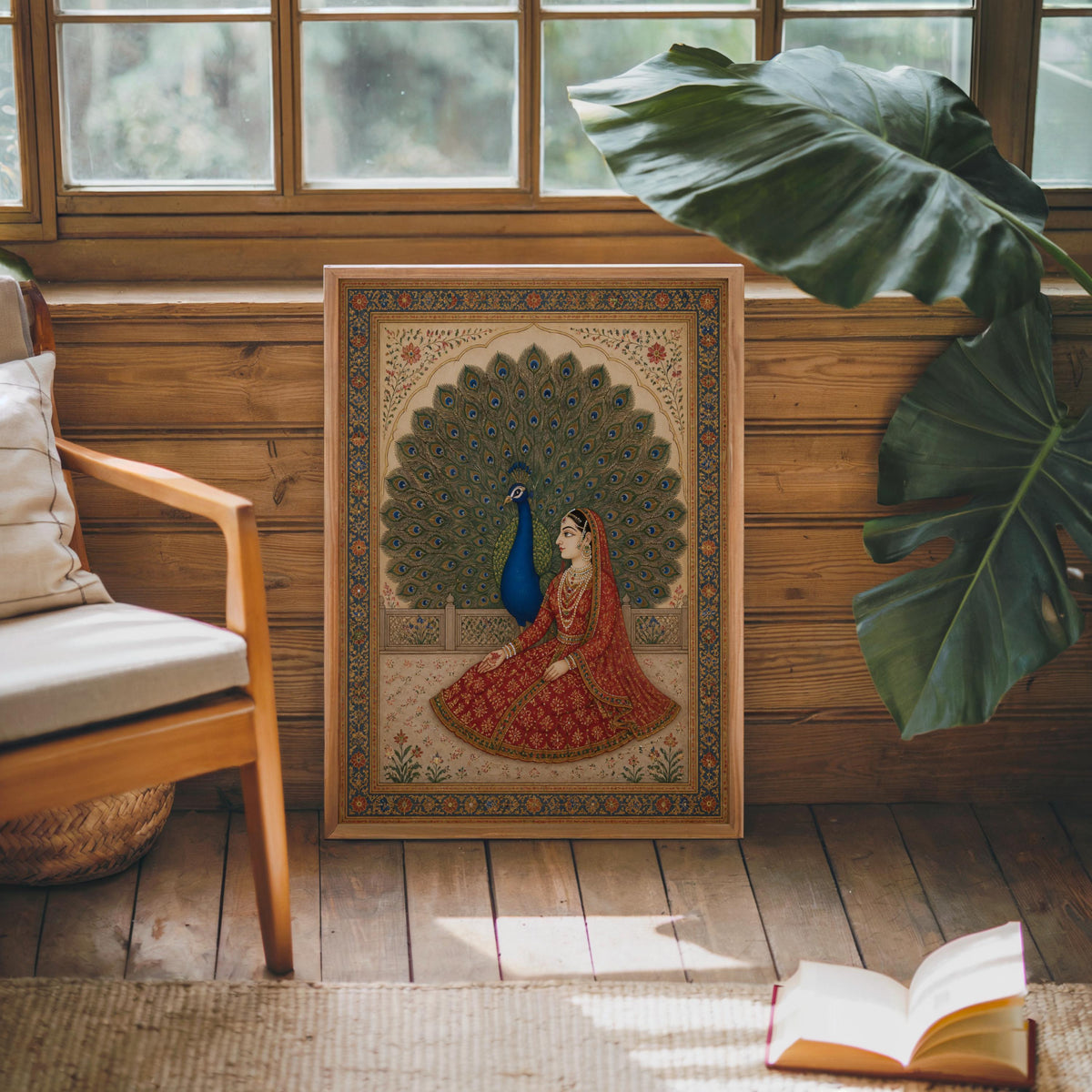 Vintage Mughal Miniature Print, Floral Indian Princess Painting, Peacock Bird Ethnic Folk Art, South Asian Botanical Decor, Exotic Poster