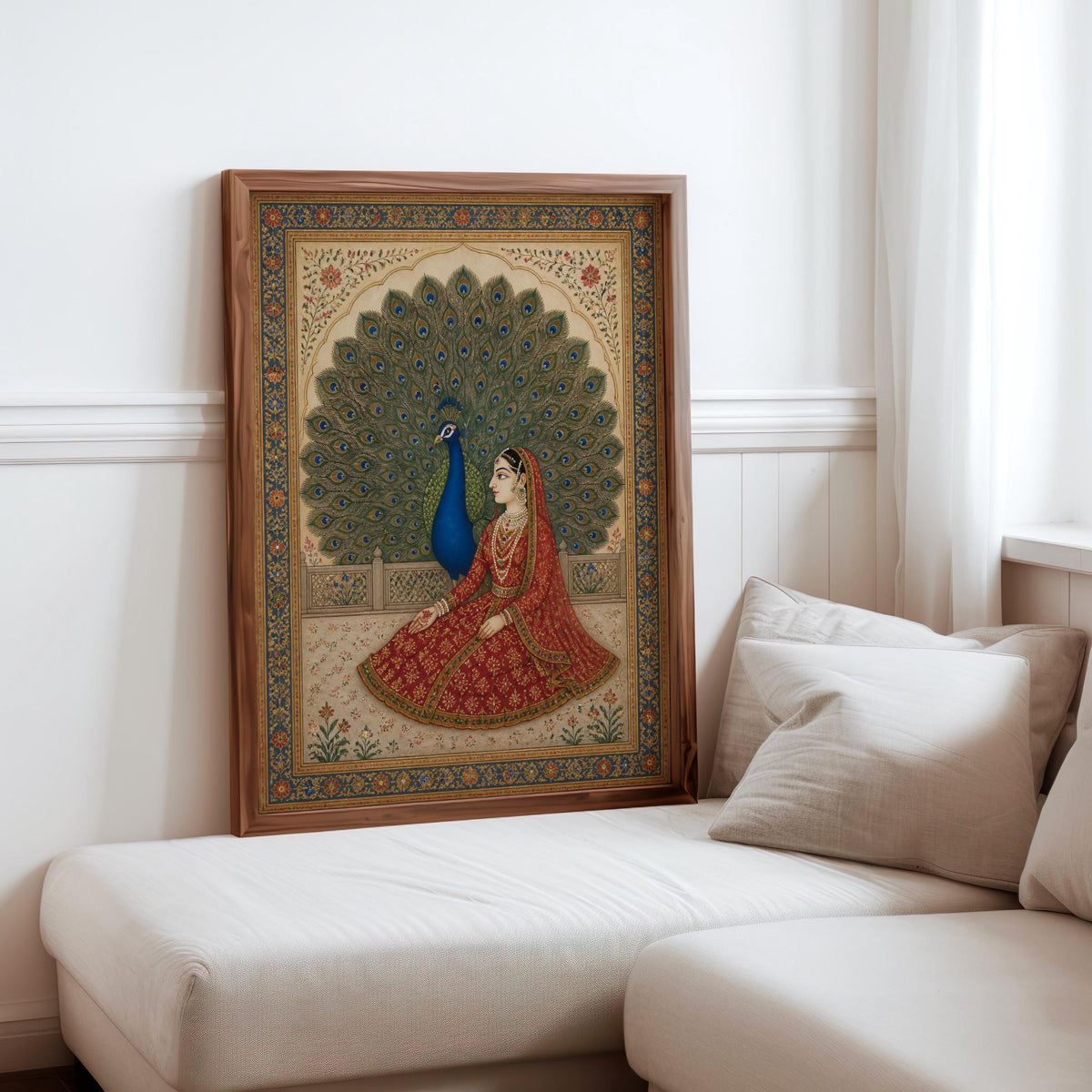 Vintage Mughal Miniature Print, Floral Indian Princess Painting, Peacock Bird Ethnic Folk Art, South Asian Botanical Decor, Exotic Poster