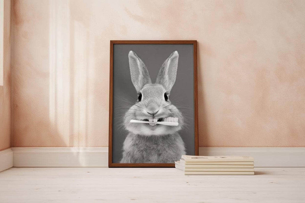 Funny Bunny Toothbrush Wall Art, Brush Your Teeth Kids Bathroom Print, Dental Hygienist Office decor, Quirky Rabbit Portrait, Dentist Poster