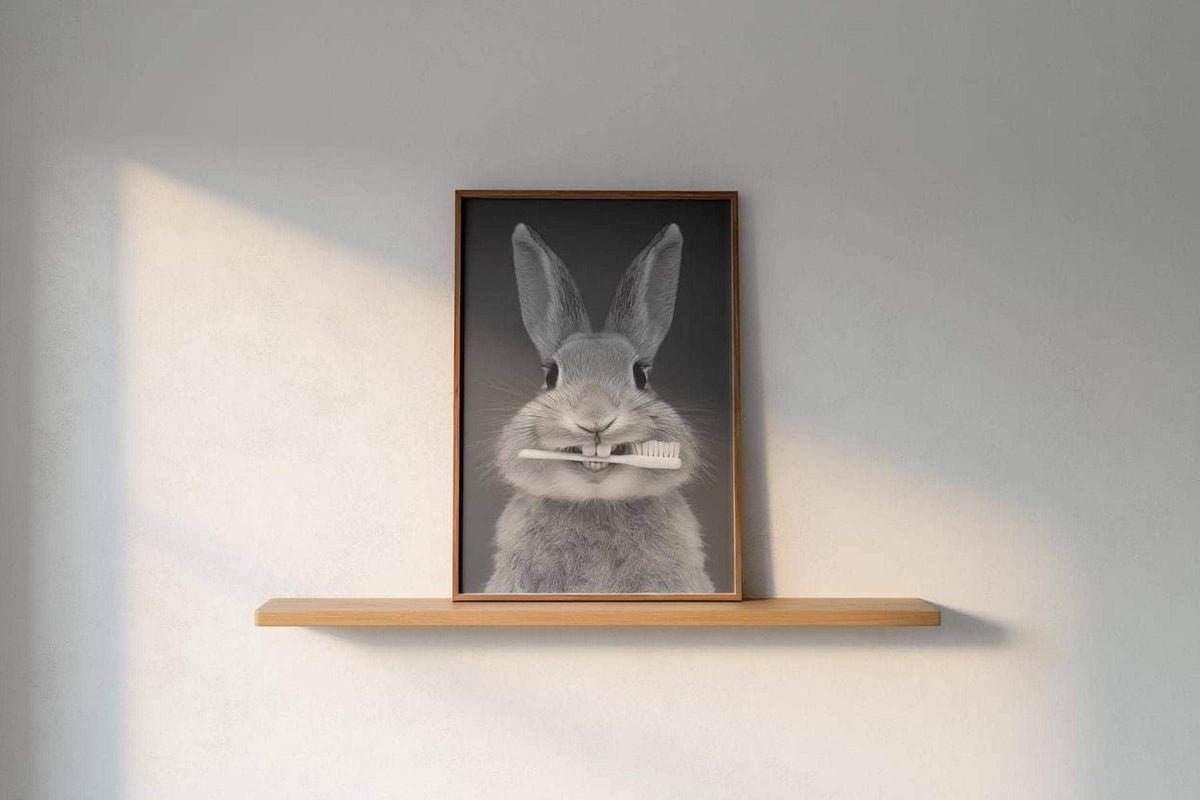 Funny Bunny Toothbrush Wall Art, Brush Your Teeth Kids Bathroom Print, Dental Hygienist Office decor, Quirky Rabbit Portrait, Dentist Poster