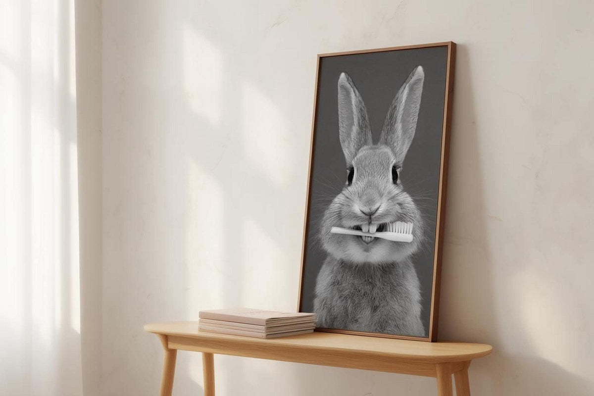 Funny Bunny Toothbrush Wall Art, Brush Your Teeth Kids Bathroom Print, Dental Hygienist Office decor, Quirky Rabbit Portrait, Dentist Poster