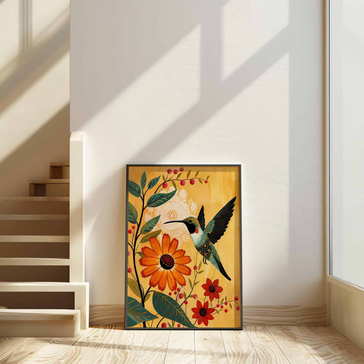 Print leaning on floor near staircase, hummingbird flower wall decor in minimal modern space, warm shadow play.