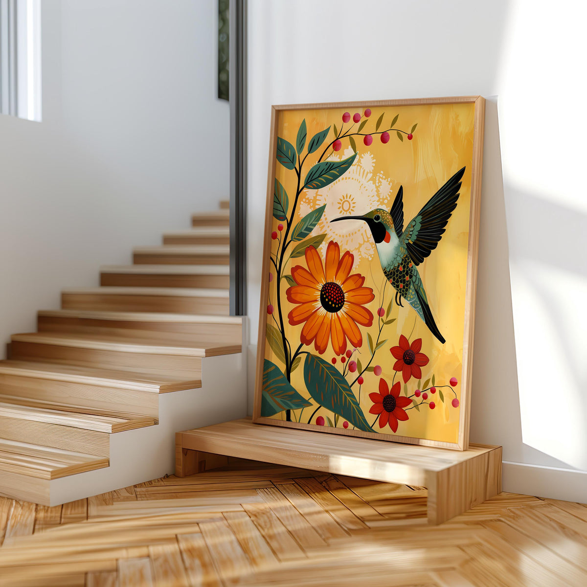 Hummingbird botanical print placed on stair landing, folk art bird print energy, warm sunlight and wood steps.