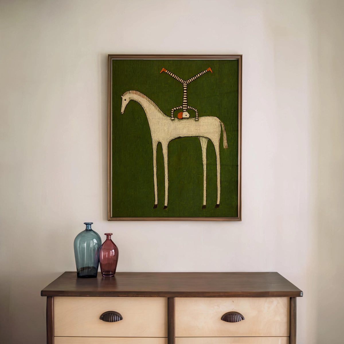 Abstract Horse Set of 3 Wall Art, Surreal Vintage Equestrian Print Triptych, Red Blue Green Minimalist Folk Figure, Dark Circus Poster Panel