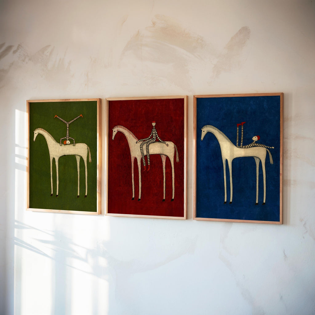 Abstract Horse Set of 3 Wall Art, Surreal Vintage Equestrian Print Triptych, Red Blue Green Minimalist Folk Figure, Dark Circus Poster Panel