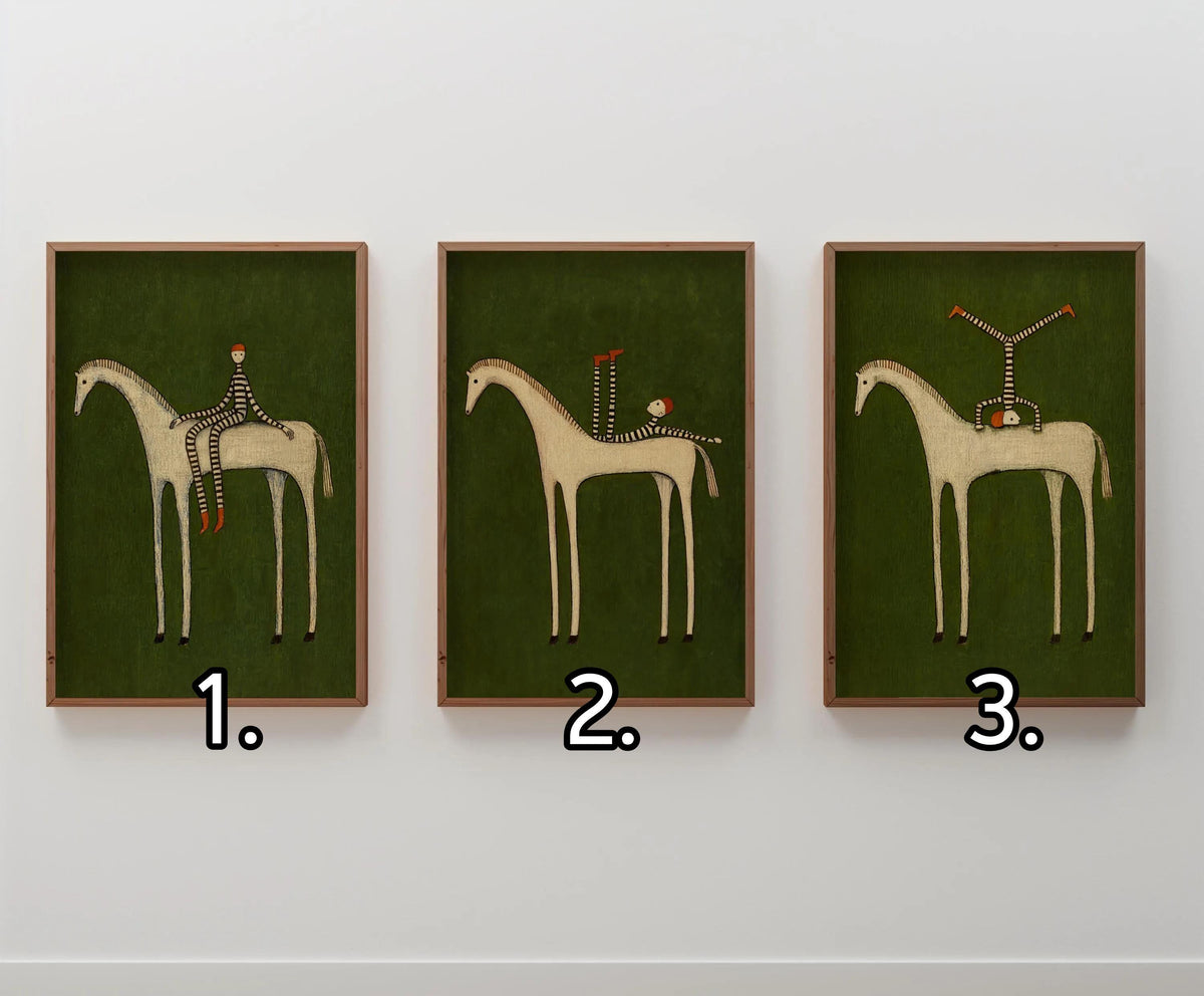 Abstract Horse Set of 3 Wall Art, Surreal Vintage Equestrian Print Triptych, Red Blue Green Minimalist Folk Figure, Dark Circus Poster Panel