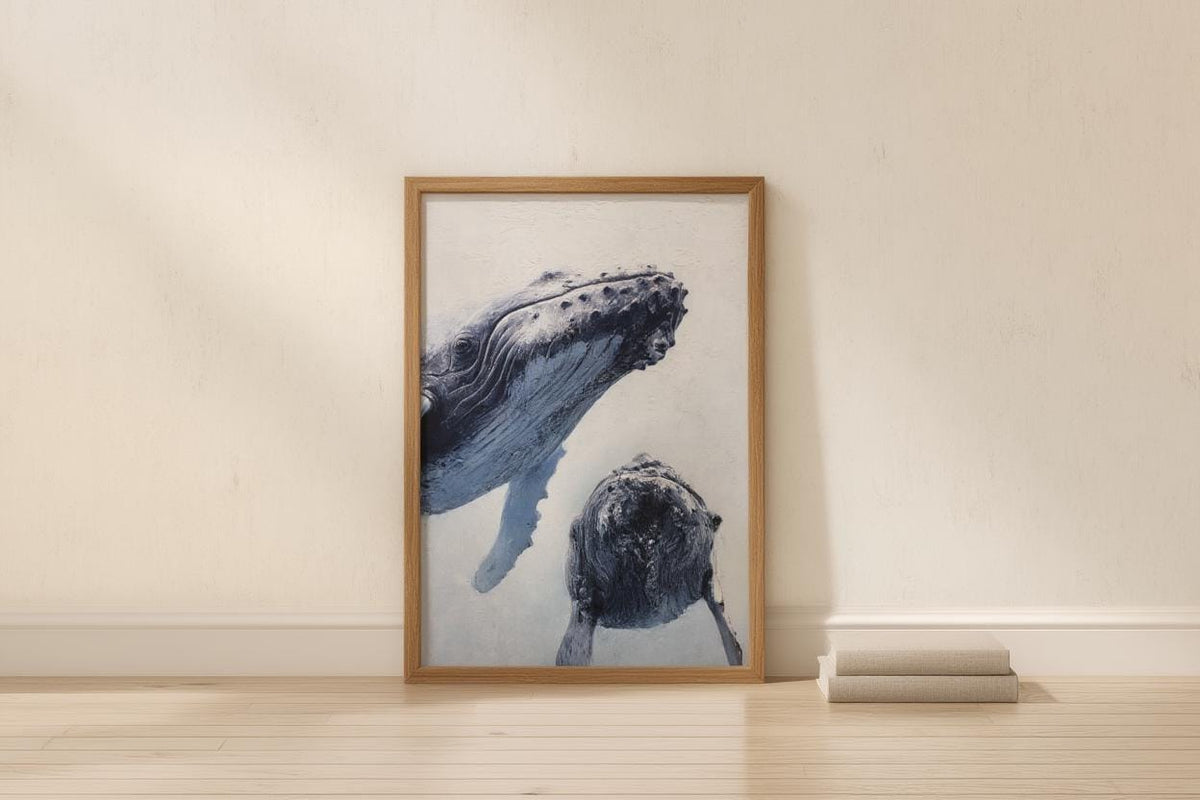 Humpback Whale Art Print, Whimsical Marine Life Wall Decor, Cute & Funny Ocean Animals, Nautical Oil Painting, Peeking Whales Illustration