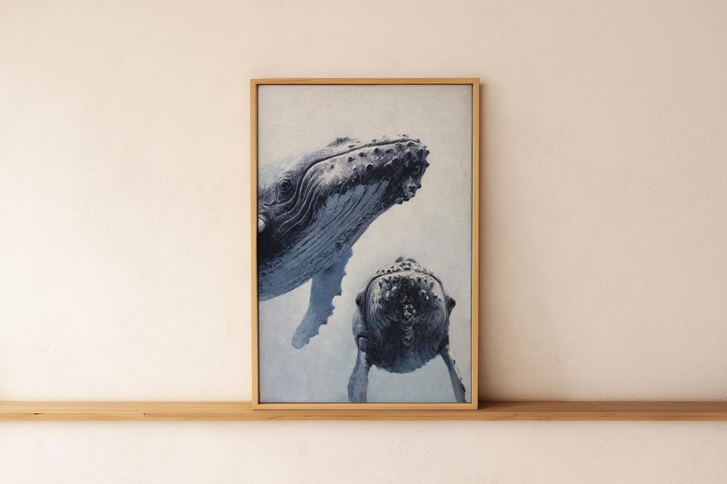 Humpback Whale Art Print, Whimsical Marine Life Wall Decor, Cute & Funny Ocean Animals, Nautical Oil Painting, Peeking Whales Illustration