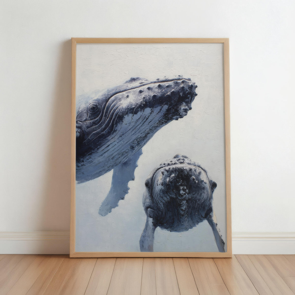 Humpback Whale Art Print, Whimsical Marine Life Wall Decor, Cute & Funny Ocean Animals, Nautical Oil Painting, Peeking Whales Illustration