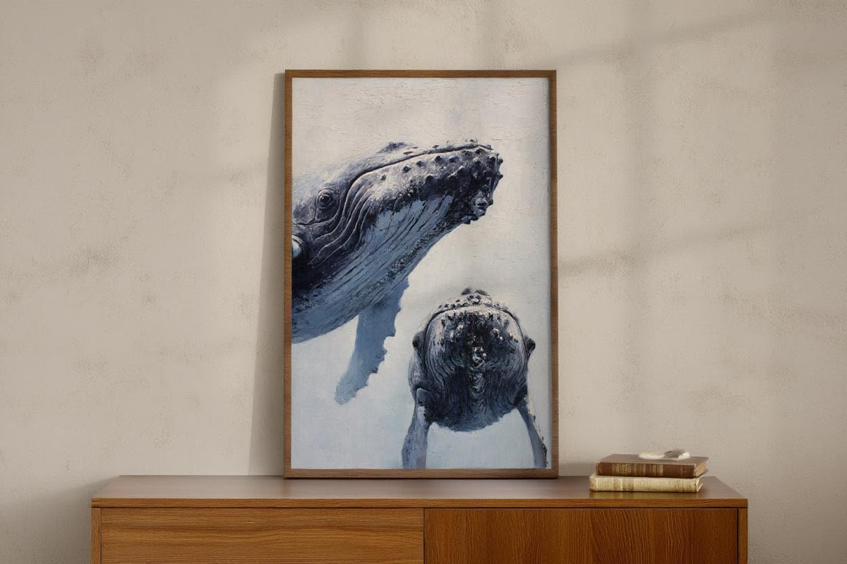 Humpback Whale Art Print, Whimsical Marine Life Wall Decor, Cute & Funny Ocean Animals, Nautical Oil Painting, Peeking Whales Illustration