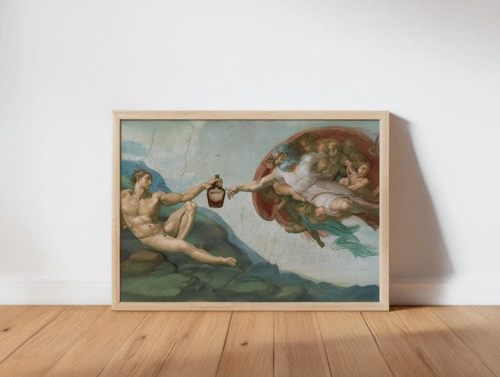 Creation of Adam Whiskey Parody Print, Funny Renaissance Bar Decor