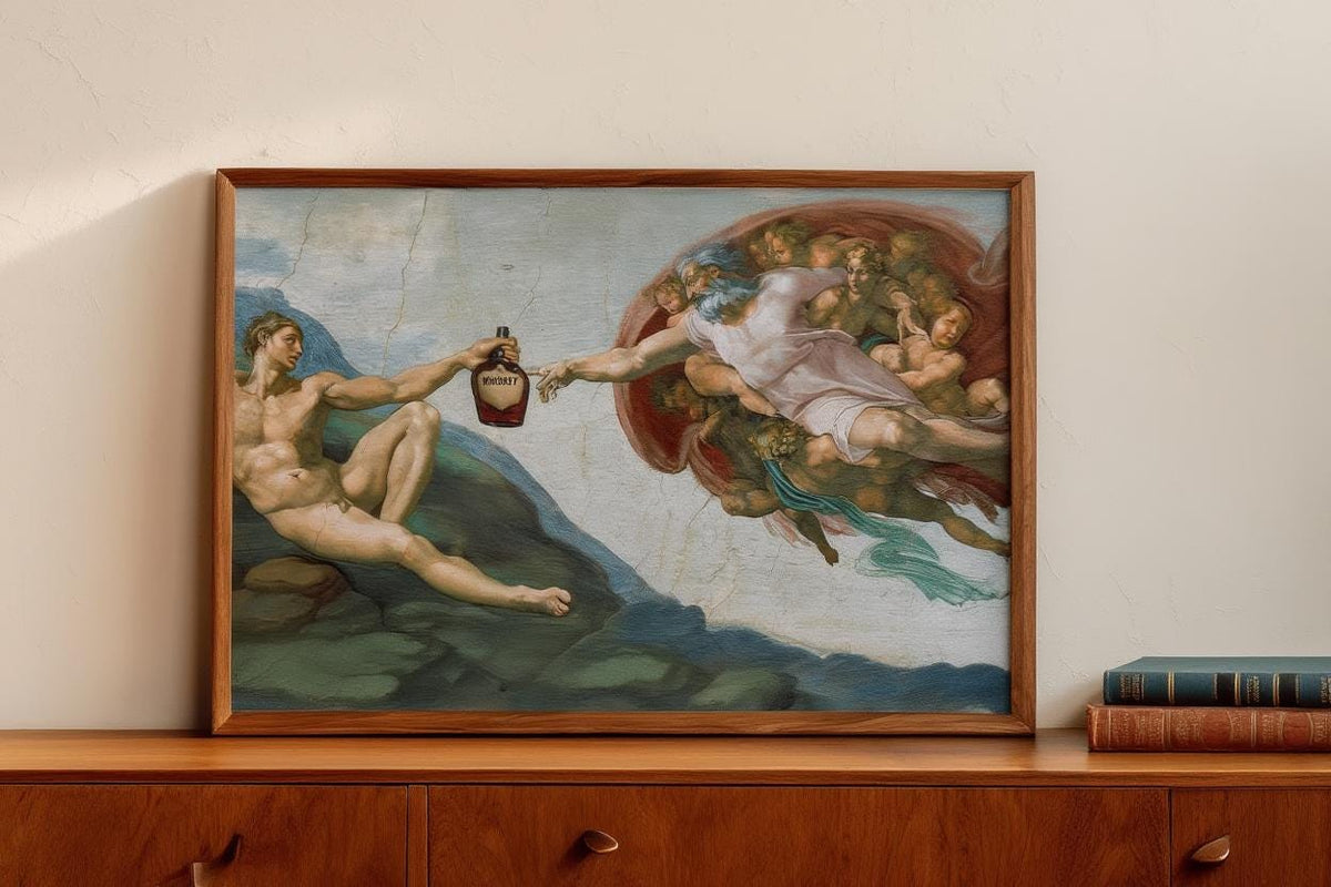 Creation of Adam Whiskey Parody Print, Funny Renaissance Bar Decor