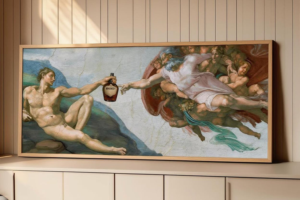Creation of Adam Whiskey Parody Print, Funny Renaissance Bar Decor