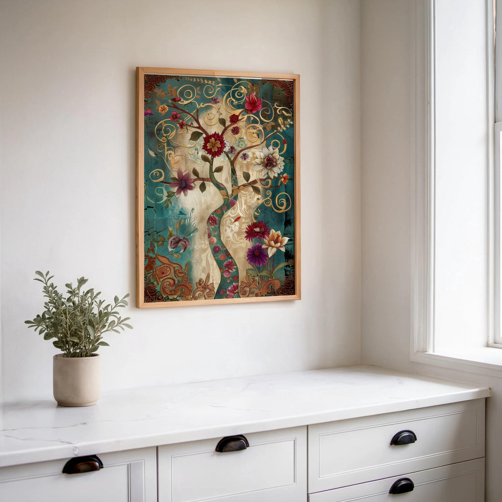 Persian Tree of Life wall art: teal and gold vintage oriental decor botanical print with swirling vines, framed.