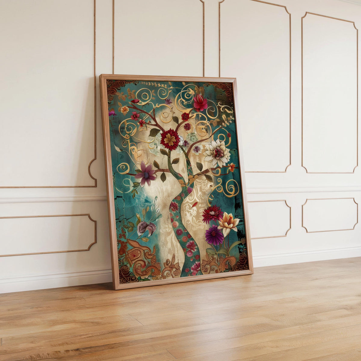 Persian Tree of Life wall art: teal and gold vintage oriental decor botanical print with swirling vines, framed.