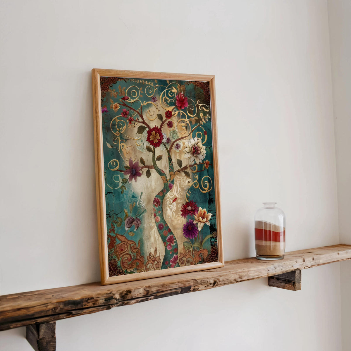 Persian Tree of Life wall art: teal and gold vintage oriental decor botanical print with swirling vines, framed.