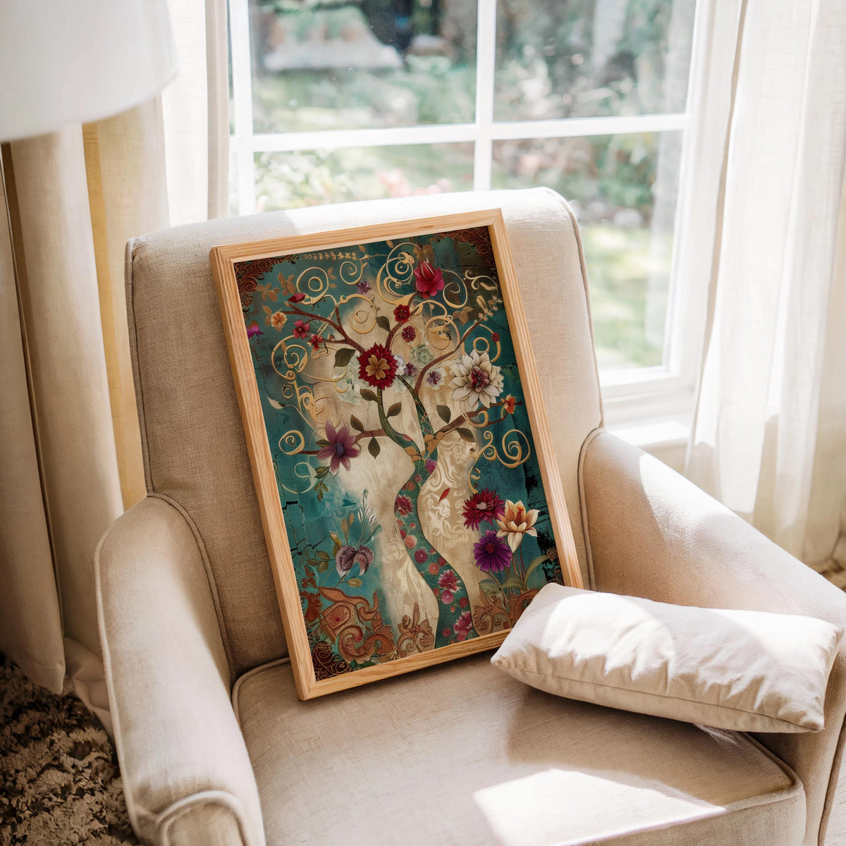 Persian Tree of Life wall art: teal and gold vintage oriental decor botanical print with swirling vines, framed.