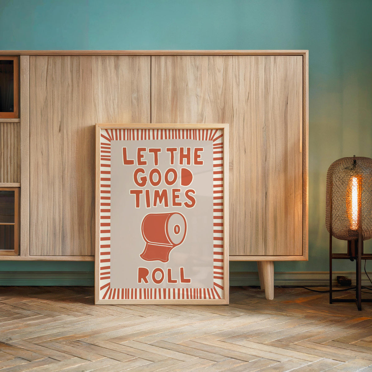 Soft peach version centered against wood, muted striped border, guest bathroom wall decor and playful quote print