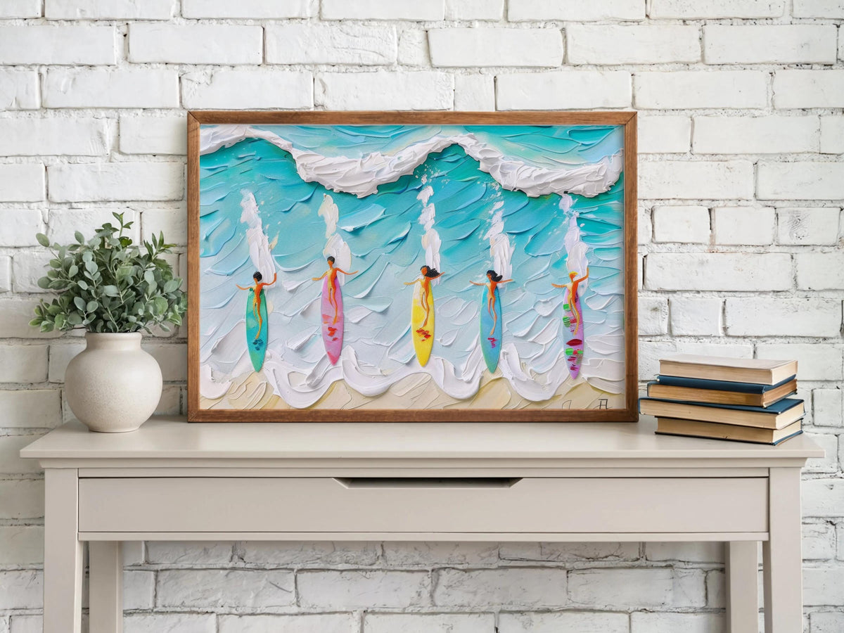 Surfing Women Wall Art, Colorful Surfboard Beach Print, Painterly Ocean Wave Poster, Coastal Home Decor, Surfer Gift, Beach House Art