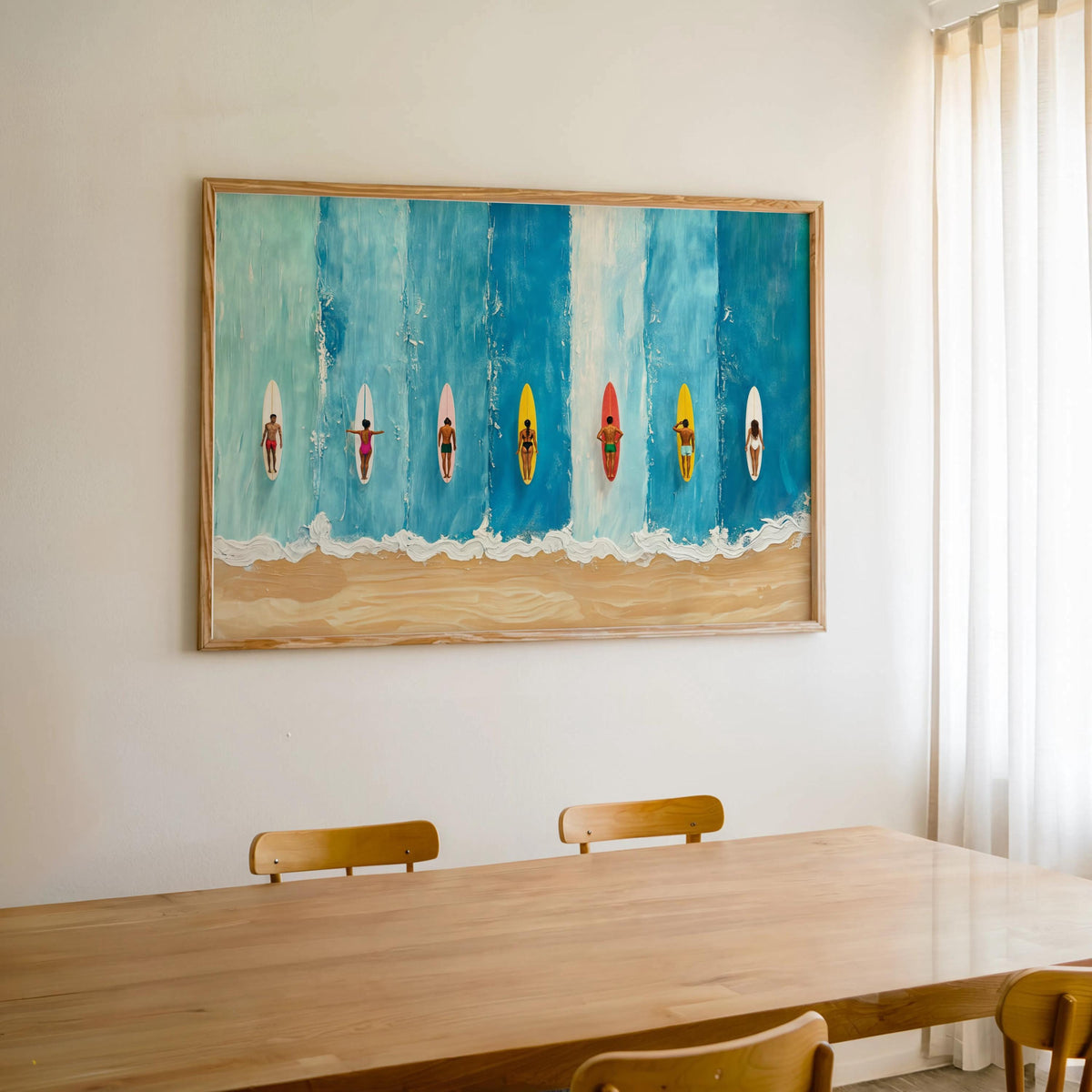 Miniature Surfers Ocean Painting, Tiny Swimmers Print, Beach House Decor, Surfboard Art Print, Minimalist Art, Abstract Summer Poster
