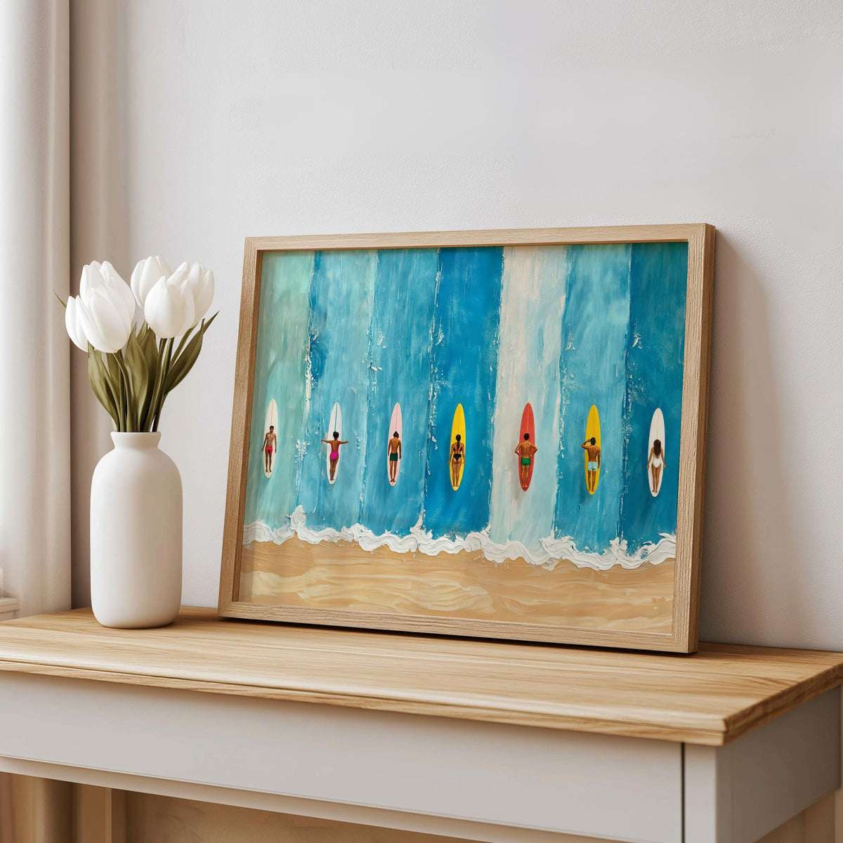 Miniature Surfers Ocean Painting, Tiny Swimmers Print, Beach House Decor, Surfboard Art Print, Minimalist Art, Abstract Summer Poster