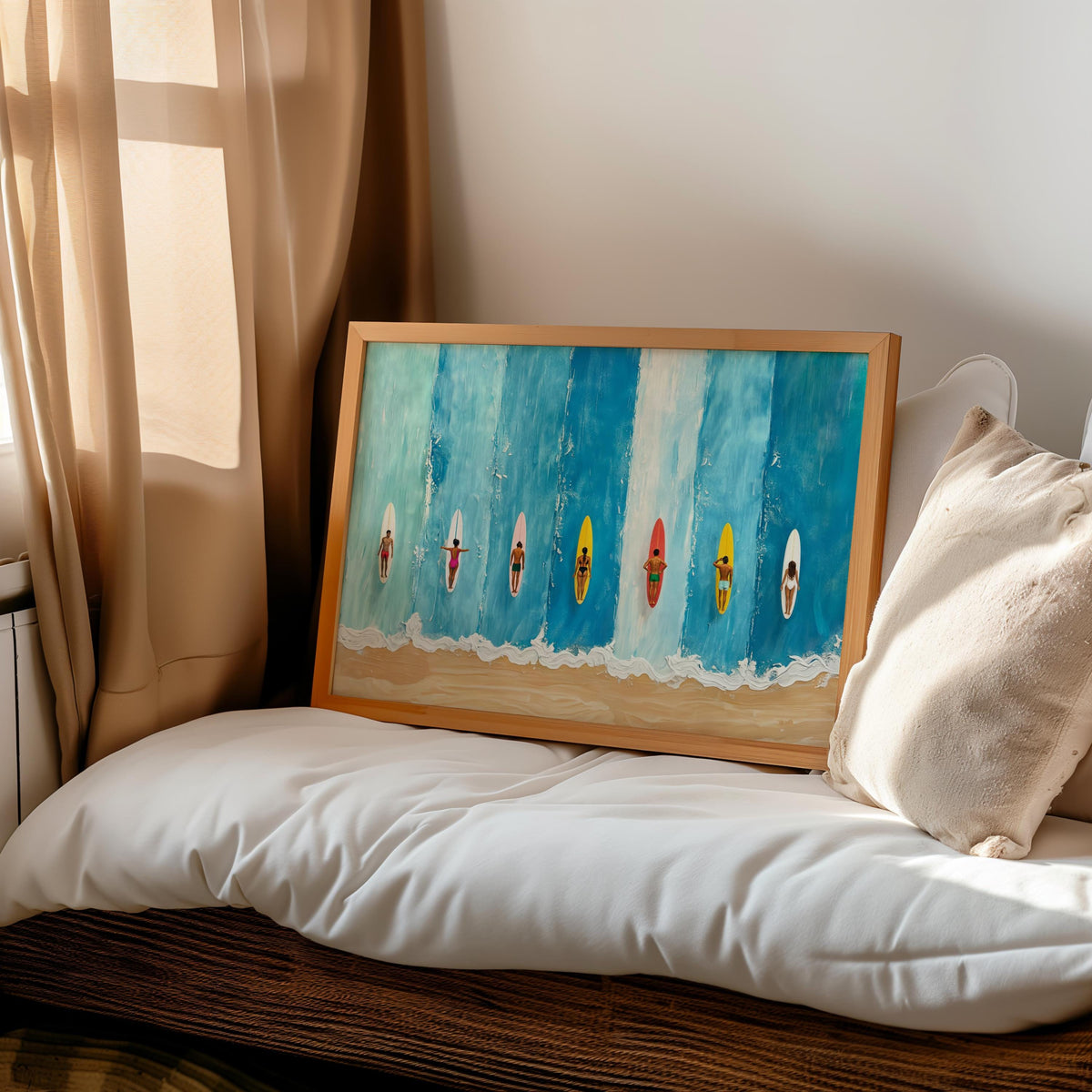 Miniature Surfers Ocean Painting, Tiny Swimmers Print, Beach House Decor, Surfboard Art Print, Minimalist Art, Abstract Summer Poster