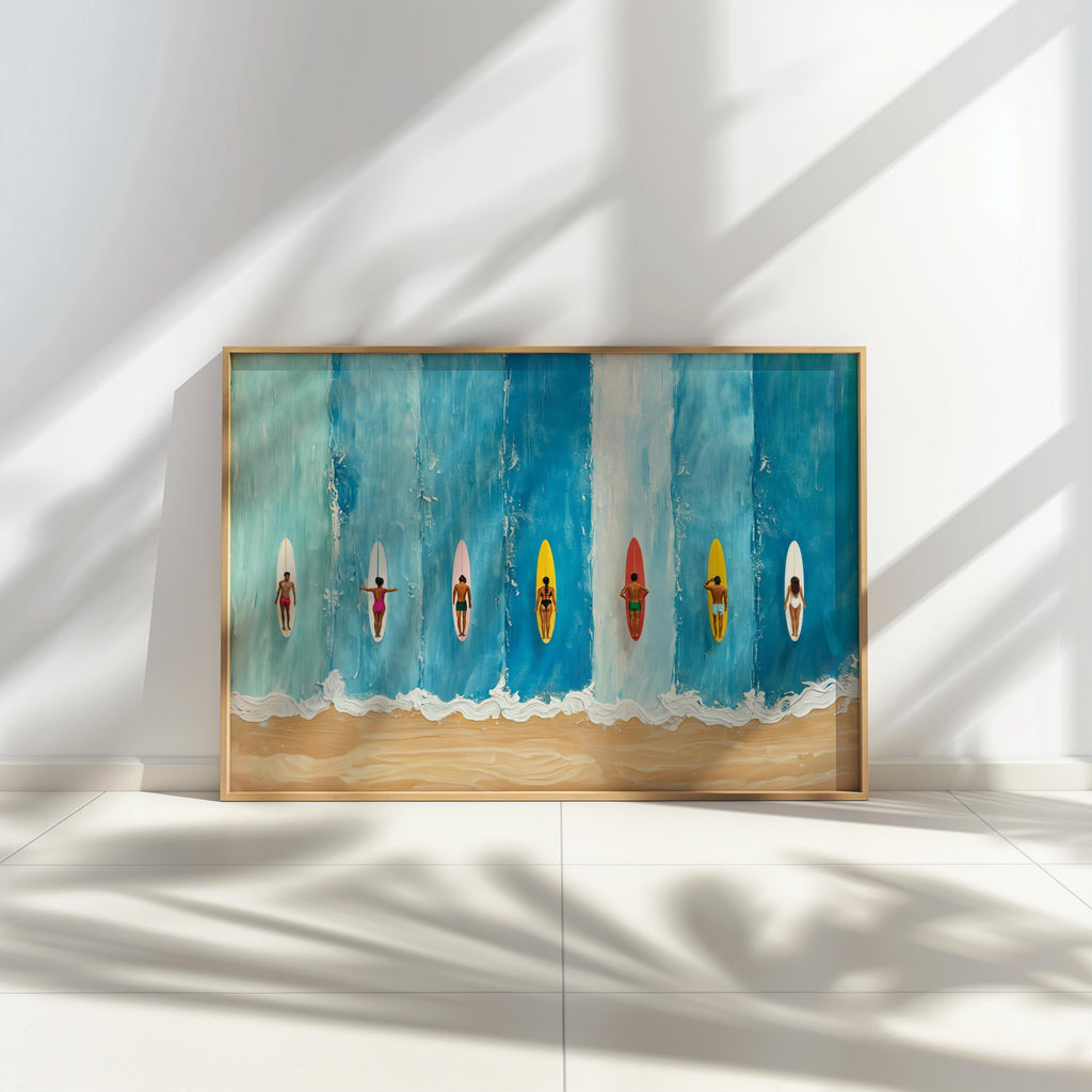 Miniature Surfers Ocean Painting, Tiny Swimmers Print, Beach House Decor, Surfboard Art Print, Minimalist Art, Abstract Summer Poster