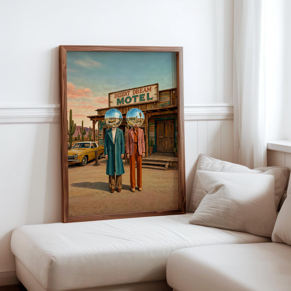 Disco Ball Head Print, Desert Mid Century Surrealism Art, Retro 80s Western Poster, Cowboy Disco Pop Art Decor, Surreal Funky Motel Canvas