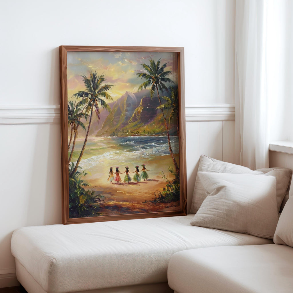 Hawaiian Hula Dancers Painting, 1970s Coastal Wall Art, Retro Hawaii Hibiscus Girls Print, Maui Vacation Gift, Vintage Tropical Beach Poster