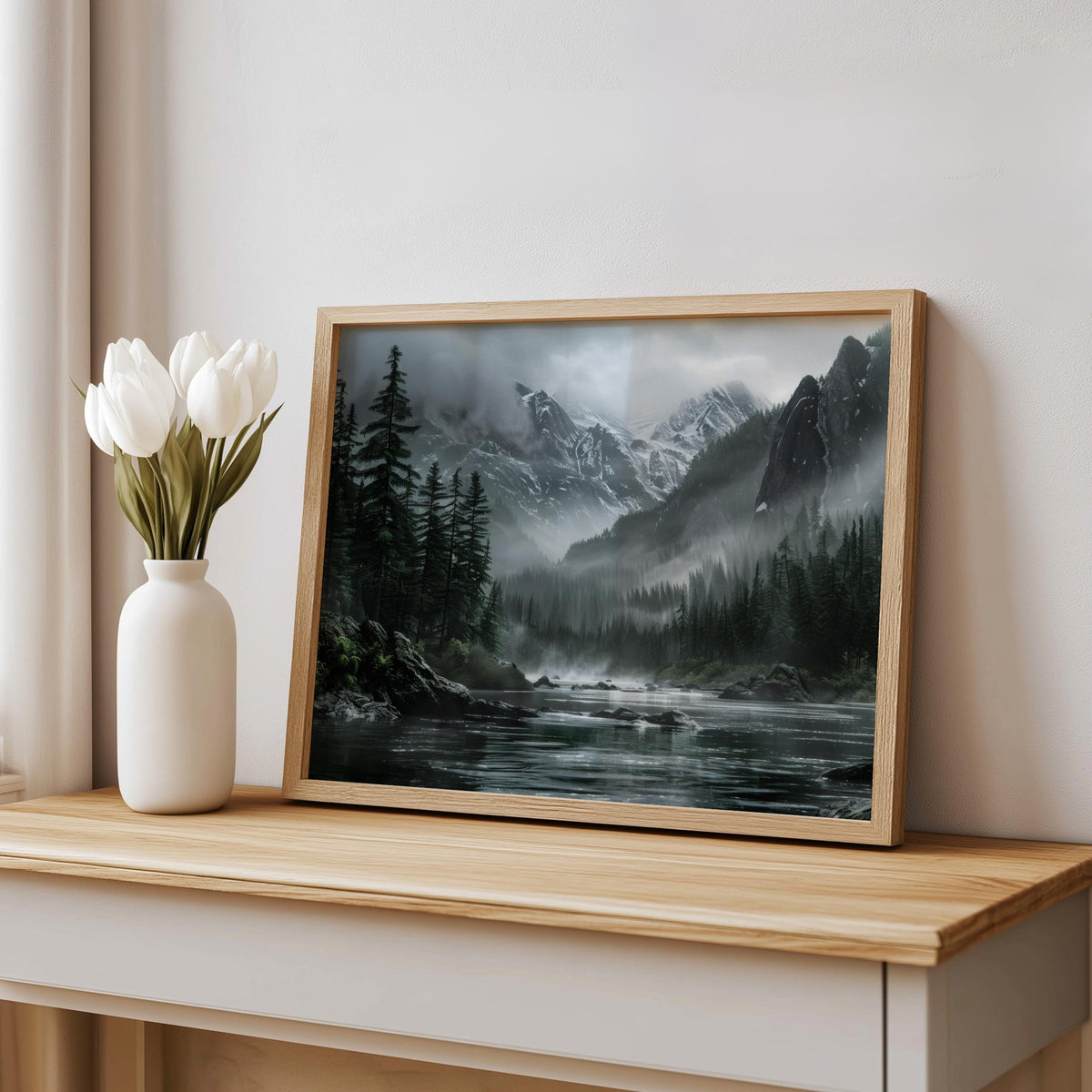 Oak frame moody mountain landscape wall art on console with white vase, rustic cabin wall decor styling