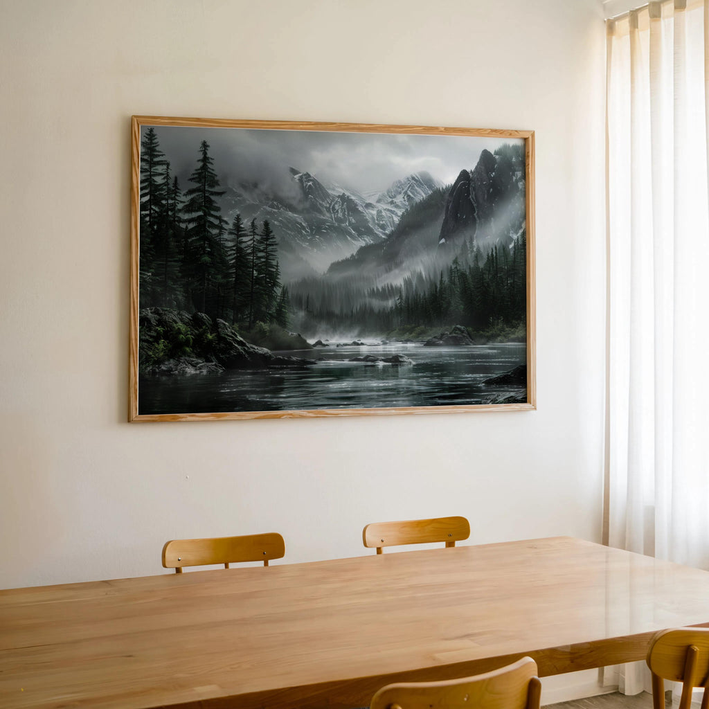 Moody mountain landscape wall art above dining table, dark academia wall art mood, muted greens and grays