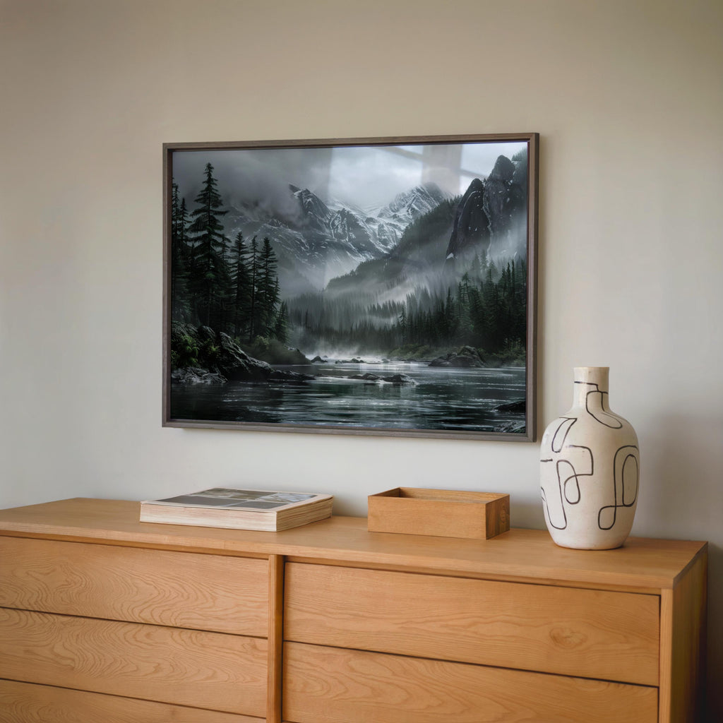 Framed dark nature landscape print hung above dresser, foggy wilderness river art in charcoal grays