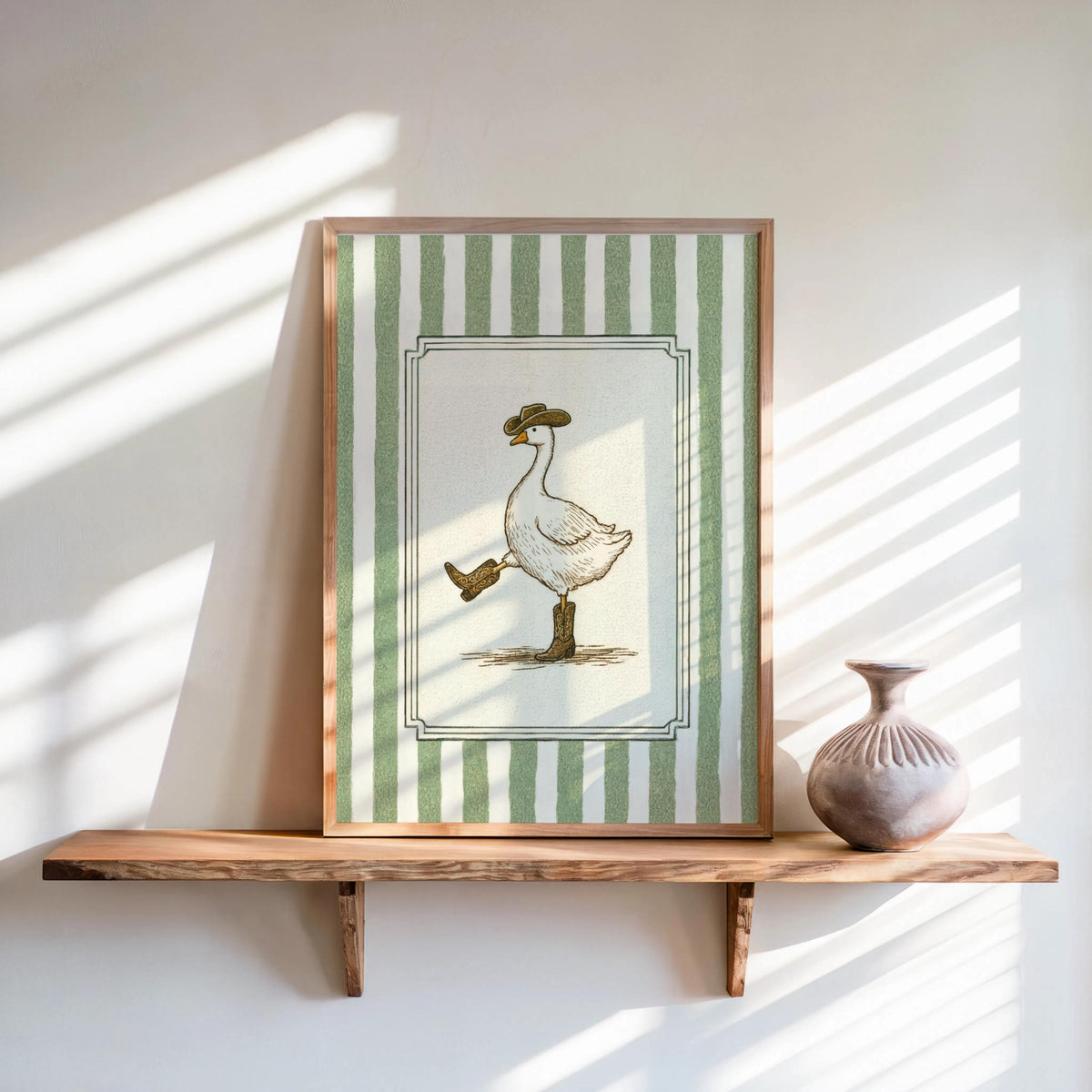 Silly Goose Cowboy Wall Art, Funny Duck Decor, Cute Animal Print, Rustic Western Nursery Poster, Vintage Striped Cottagecore Canvas