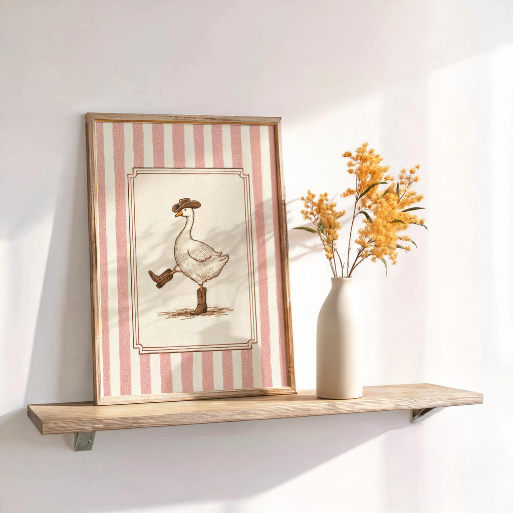 Silly Goose Cowboy Wall Art, Funny Duck Decor, Cute Animal Print, Rustic Western Nursery Poster, Vintage Striped Cottagecore Canvas