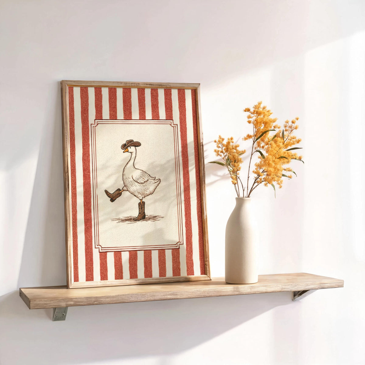 Silly Goose Cowboy Wall Art, Funny Duck Decor, Cute Animal Print, Rustic Western Nursery Poster, Vintage Striped Cottagecore Canvas