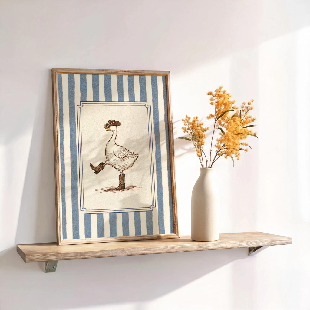 Silly Goose Cowboy Wall Art, Funny Duck Decor, Cute Animal Print, Rustic Western Nursery Poster, Vintage Striped Cottagecore Canvas