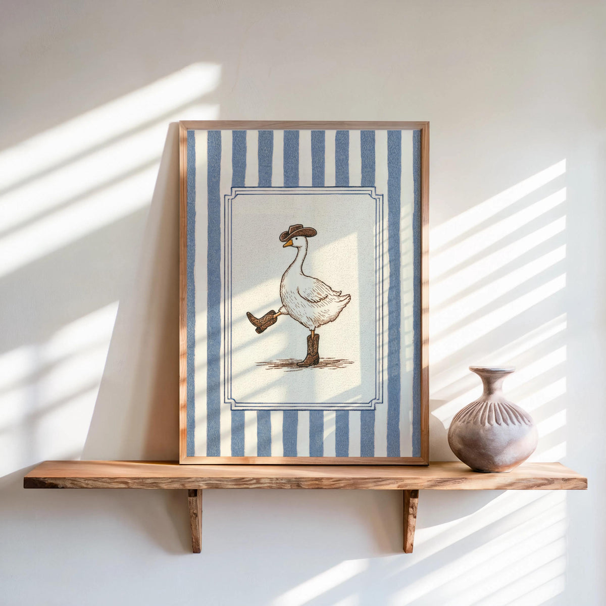 Silly Goose Cowboy Wall Art, Funny Duck Decor, Cute Animal Print, Rustic Western Nursery Poster, Vintage Striped Cottagecore Canvas