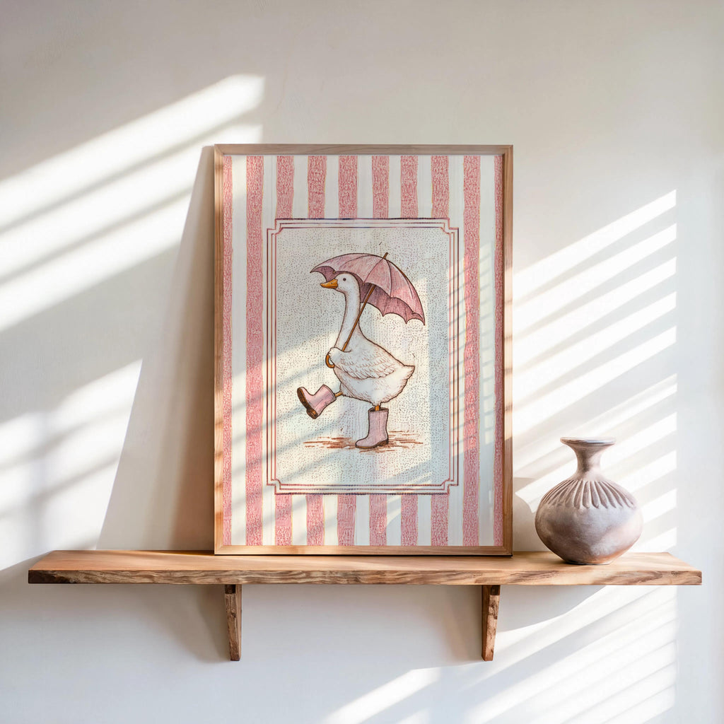 Silly Goose & Umbrella Print, Duck in Rain Boots Poster, Whimsical Girly Wall Art, Cute Striped Animal Panel, Funny Nursery Bathroom Decor