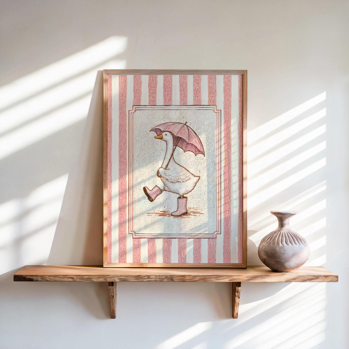 Silly Goose & Umbrella Print, Duck in Rain Boots Poster, Whimsical Girly Wall Art, Cute Striped Animal Panel, Funny Nursery Bathroom Decor