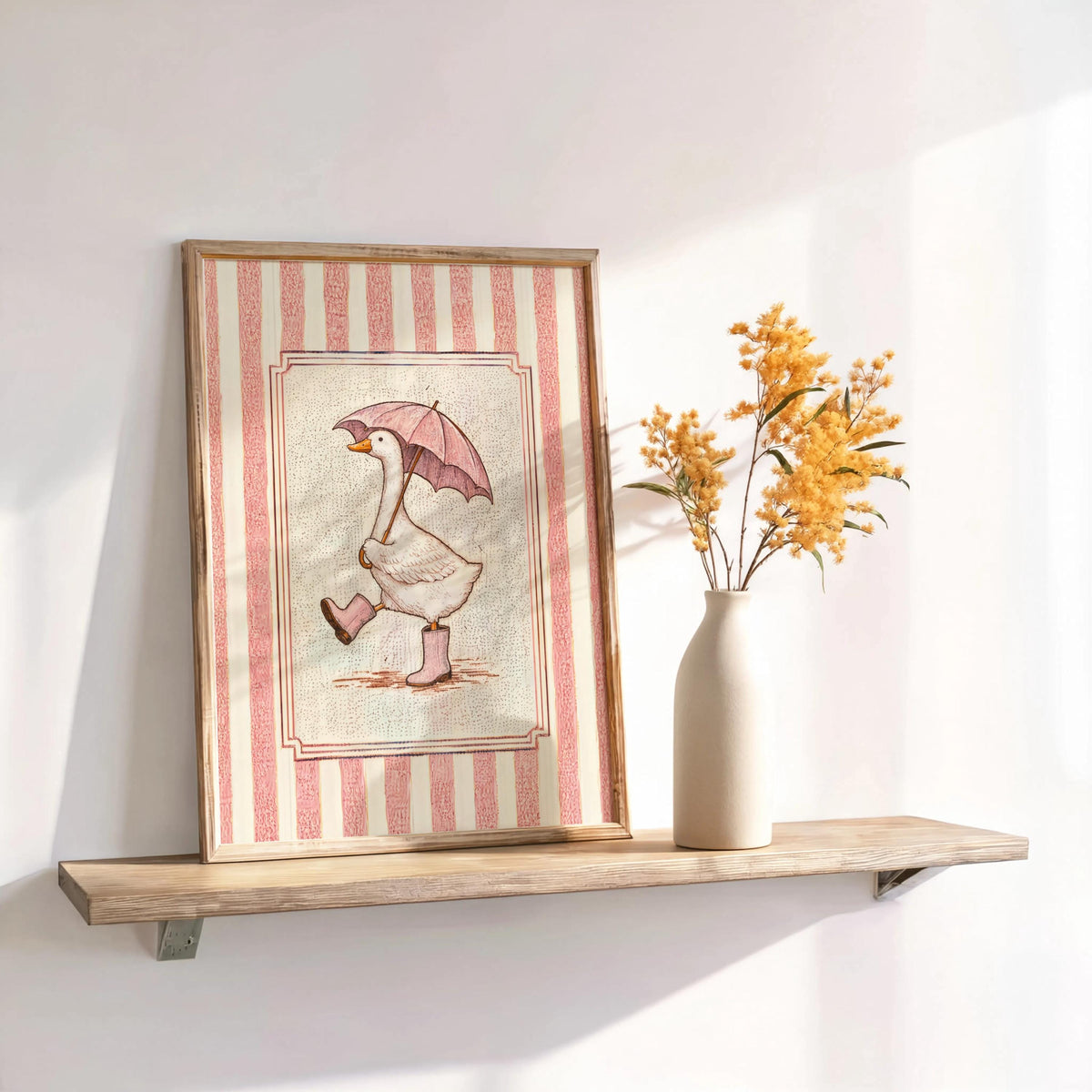 Silly Goose & Umbrella Print, Duck in Rain Boots Poster, Whimsical Girly Wall Art, Cute Striped Animal Panel, Funny Nursery Bathroom Decor