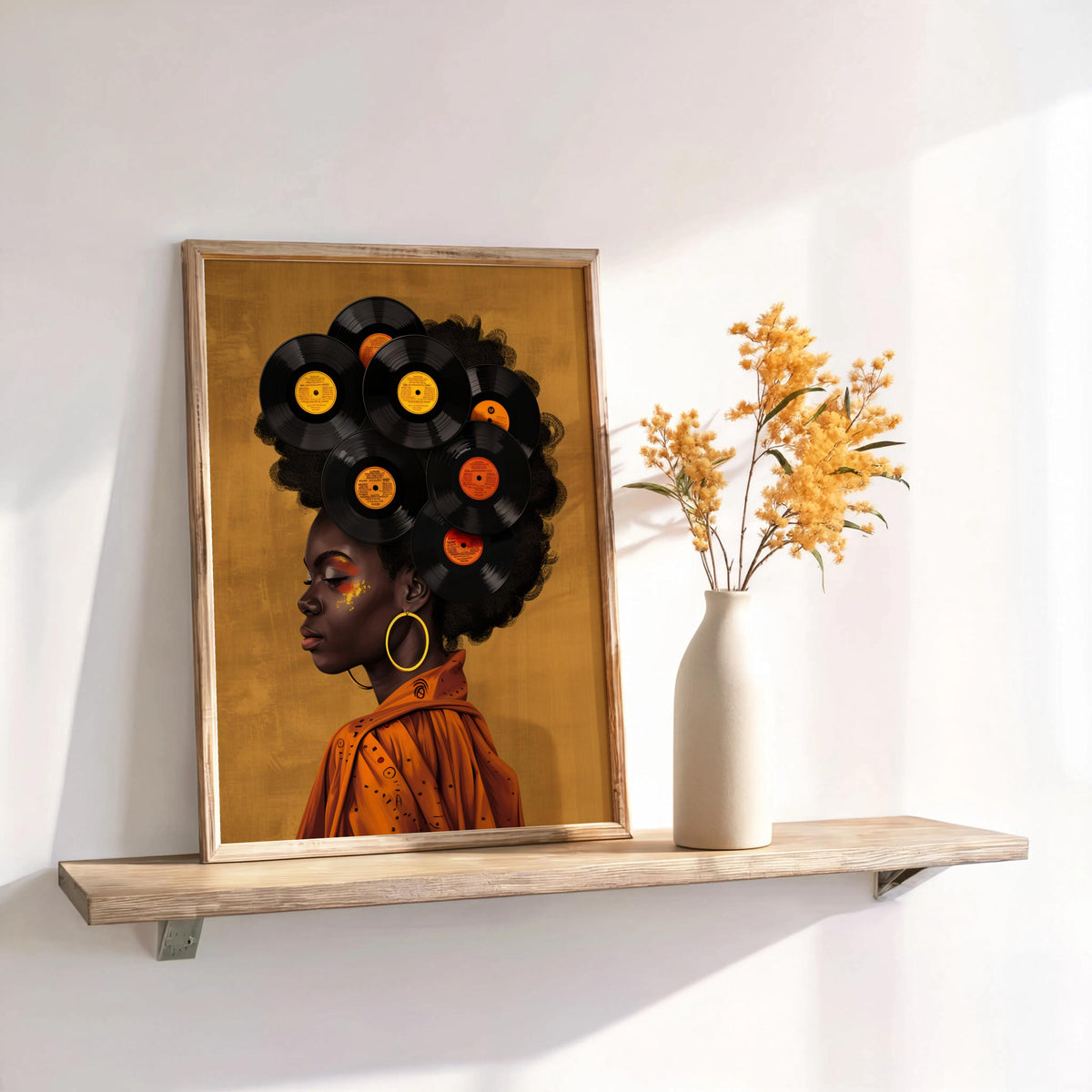 Black Woman Vinyl Record Hair Print, Retro Afro Wall Art, African American Music Poster, Gold Boho Room Decor, Vintage Melanin Canvas