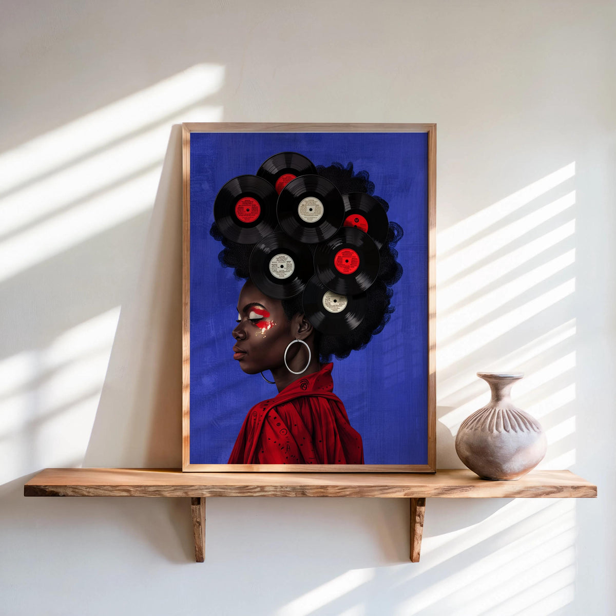 Black Woman Vinyl Record Hair Print, Retro Afro Wall Art, African American Music Poster, Gold Boho Room Decor, Vintage Melanin Canvas