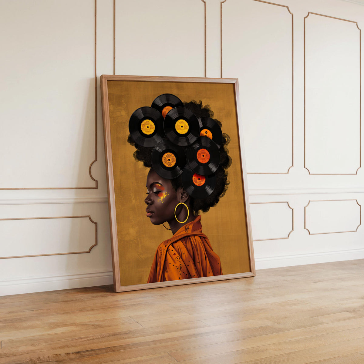 Black Woman Vinyl Record Hair Print, Retro Afro Wall Art, African American Music Poster, Gold Boho Room Decor, Vintage Melanin Canvas