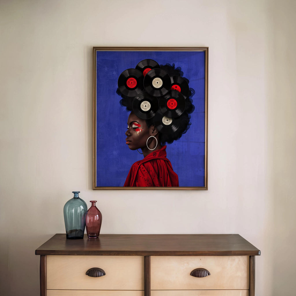 Black Woman Vinyl Record Hair Print, Retro Afro Wall Art, African American Music Poster, Gold Boho Room Decor, Vintage Melanin Canvas
