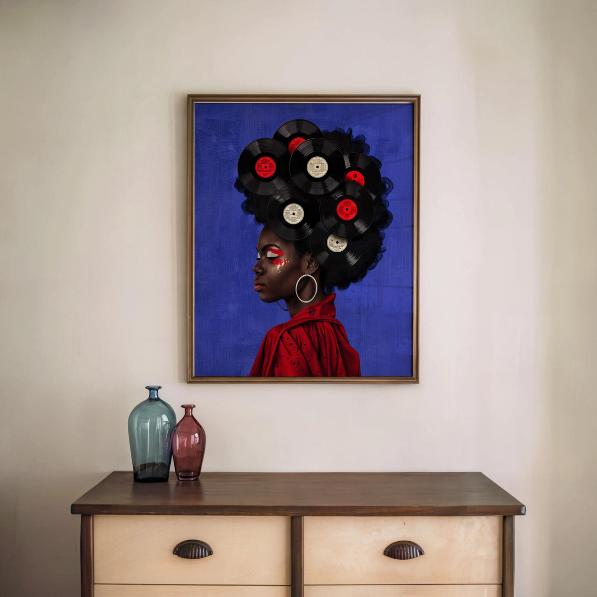 Black Woman Vinyl Record Hair Print, Retro Afro Wall Art, African American Music Poster, Gold Boho Room Decor, Vintage Melanin Canvas
