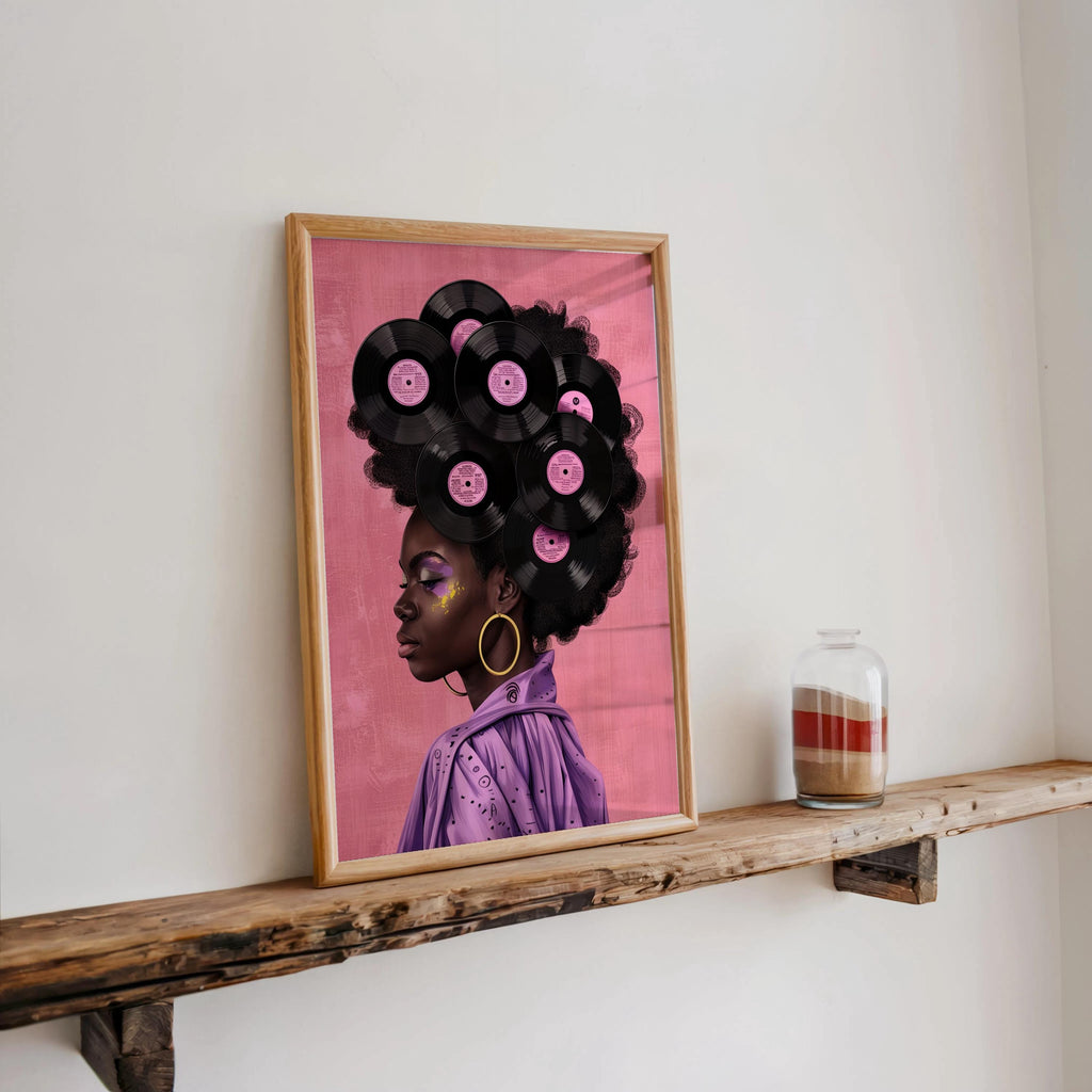 Black Woman Vinyl Record Hair Print, Retro Afro Wall Art, African American Music Poster, Gold Boho Room Decor, Vintage Melanin Canvas